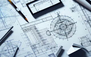 A drafting table with architectural plans