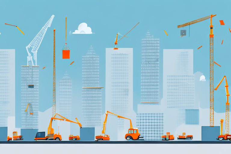 A bustling construction site with various buildings in different stages of construction