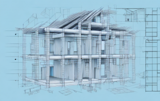 A partially constructed house with visible blueprints