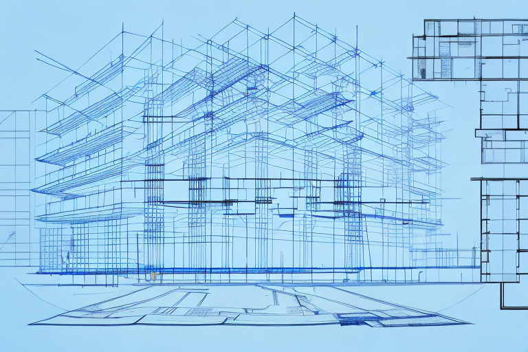 A construction site with various architectural blueprints and legal documents scattered around
