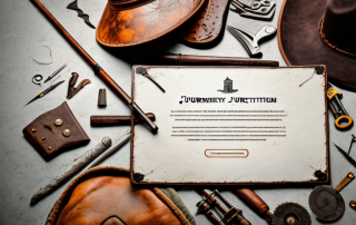 A traditional journeyman's toolkit with a worn-out hat and a walking stick against the backdrop of a scenic countryside road