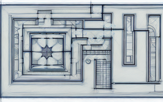 A detailed architectural floor plan with various symbols such as doors