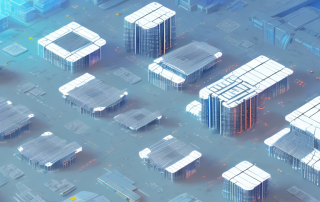 A futuristic cityscape with various modular buildings