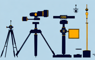 Surveying equipment like a theodolite and a level rod