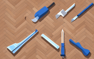 Various woodworking tools commonly used by parquet floor layers
