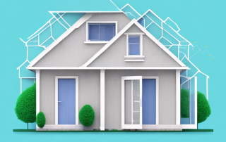 A newly constructed single-family house with visible price tags attached to different parts like the roof