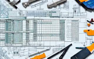 A construction site with various building stages represented as excel spreadsheet cells