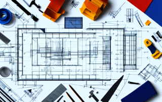 Various construction tools and blueprints spread out on a table