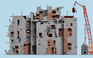 A house under construction with various elements like bricks