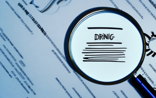 A magnifying glass hovering over a pile of contracts and business documents
