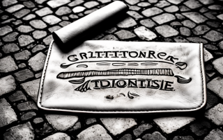 Traditional german craftsmanship tools scattered around a worn-out leather backpack on a cobblestone road