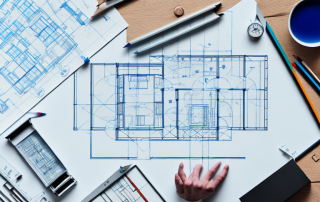 A drafting table with a blueprint of a house