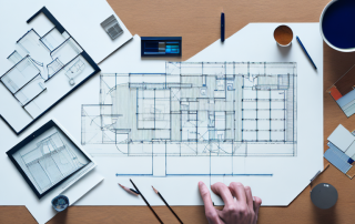 A drafting table with a blueprint of a house layout
