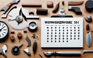 A variety of woodworking tools and a workbench