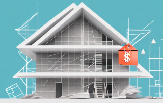 A newly constructed modern house with a price tag hanging from the roof