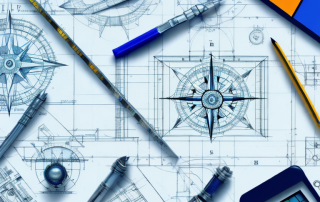 An architect's drafting table with blueprints