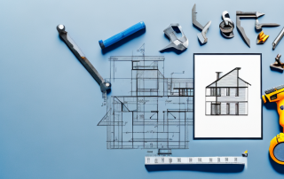 A blueprint of a house with various construction tools like a hammer