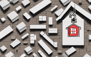A partially constructed house with visible price tags on different building materials like bricks