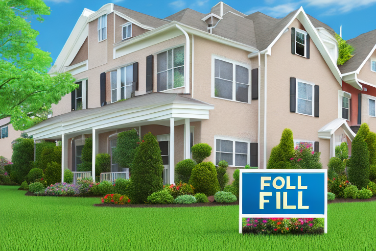 A multi-family house with a 'for sale' sign in the front yard