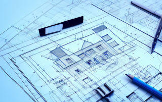 A drafting table with architectural blueprints