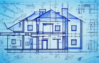 A detailed blueprint of a house with various tools like a hammer