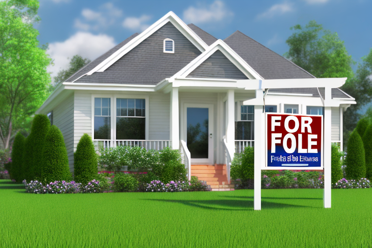 A prefabricated house with a 'for sale' sign in the front yard