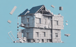 A partially constructed house with various building materials scattered around