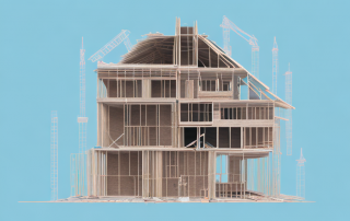 A half-built house with various construction tools and materials