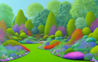 A vibrant garden scene with various landscaping tools scattered around