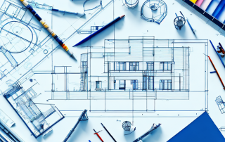 An architect's drafting table with blueprints