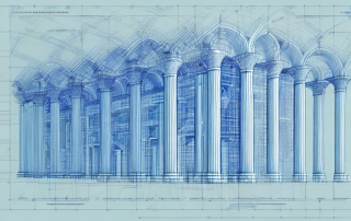 A blueprint featuring a complex architectural design with various elements like pillars