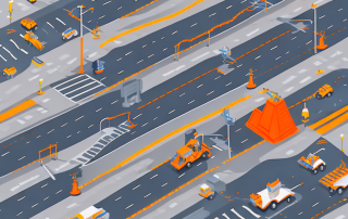 A well-maintained city street with various roadwork tools like traffic cones