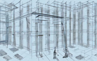 A construction site with various building trades tools organized in sequential order
