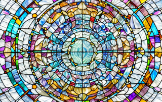 Various glass objects such as stained glass windows