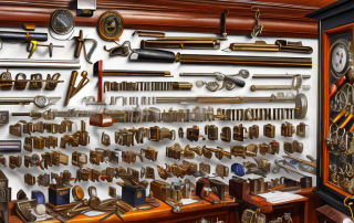 A traditional locksmith shop with various locksmithing tools and a variety of locks displayed