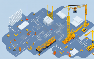 A construction site with a prominent crane in the middle