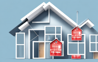 A newly constructed modern house with price tags hanging from various parts like the roof