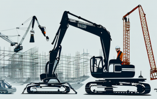 A construction site with various heavy machinery like cranes