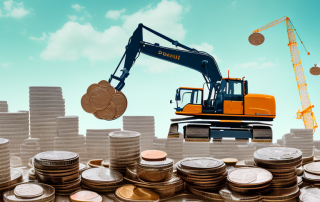 A construction site with various heavy machinery like excavators and cranes