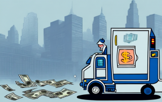 A street sweeper machine working on a city street with euro bills floating around it