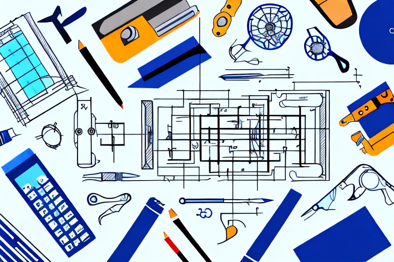 Various tools and blueprints on a workbench