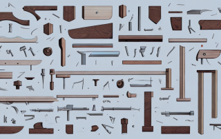 A woodworking workshop with various tools and pieces of unfinished furniture