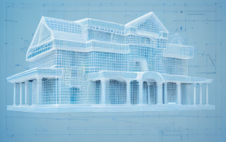 An architect's blueprint with various design elements like measurements