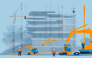 A construction site with various building tools and a large