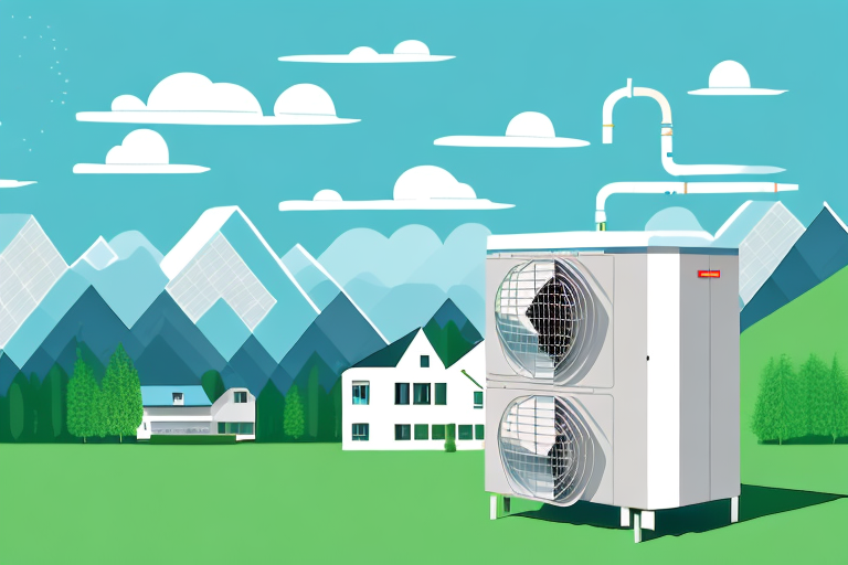 An air source heat pump set against a scenic backdrop of the bavarian countryside