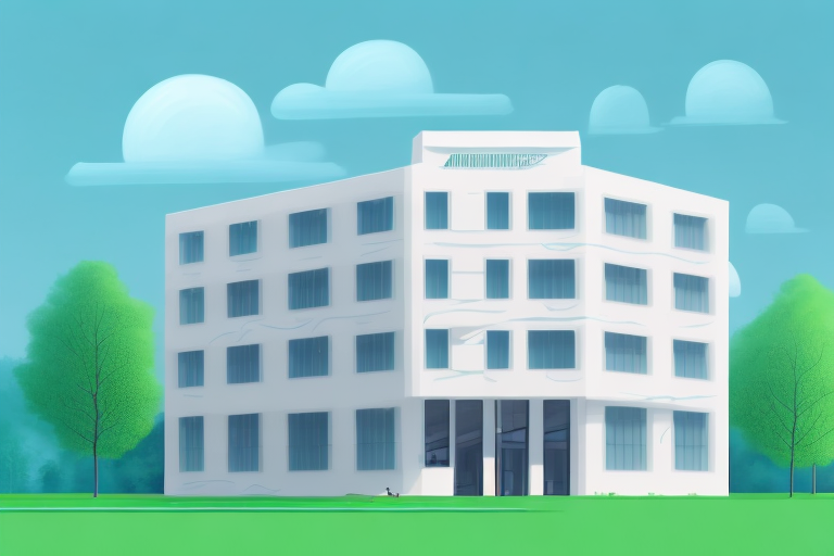 A two-story building with highlighted features