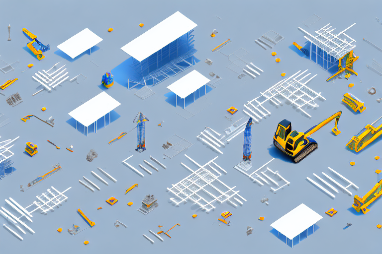 A construction site setup with various practical solutions such as organized tool stations