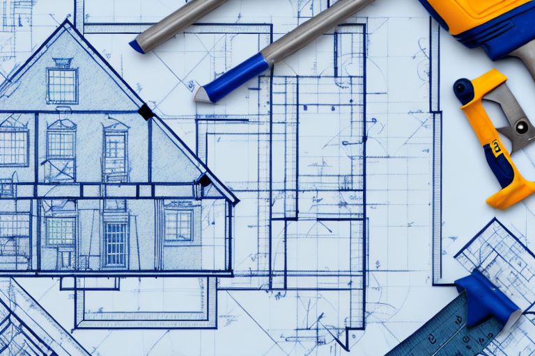 A blueprint of a house with various construction tools like a hammer