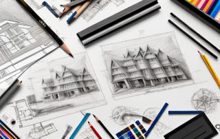 A drafting table with a detailed architectural sketch of a house