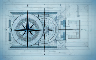 An architectural blueprint with various construction tools like a compass